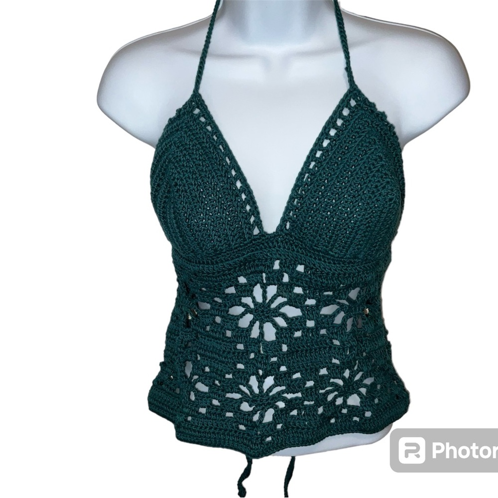 Hand crafted Halter 4.99 Ship Teal Crochet large crop top Hippie Bohemian - Picture 2 of 7